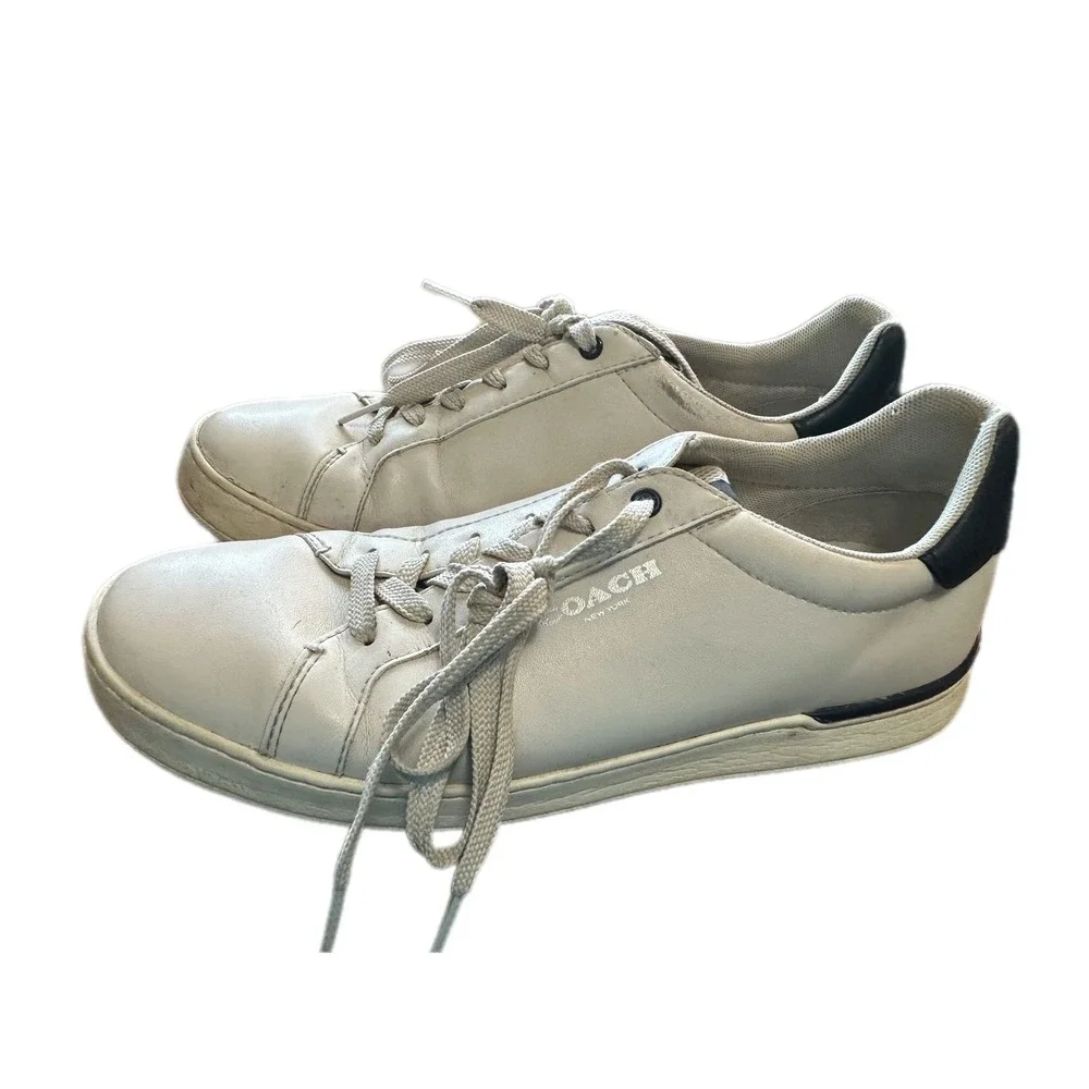 Coach C101 Low Top Sneakers Mens 10D‎ White Leather Navy Blue G4950